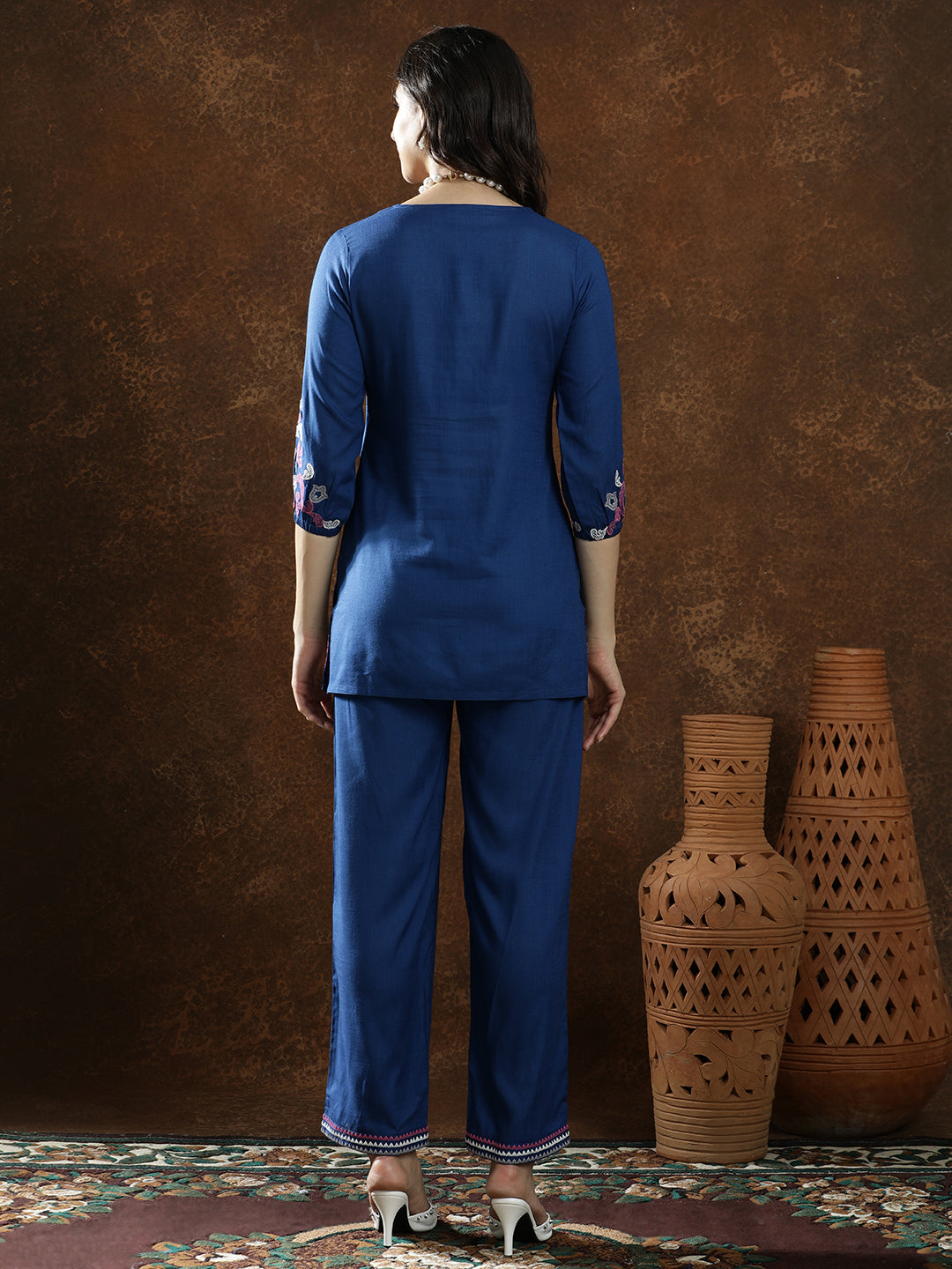Floral Embroidered Straight Kurta & Trousers Sets