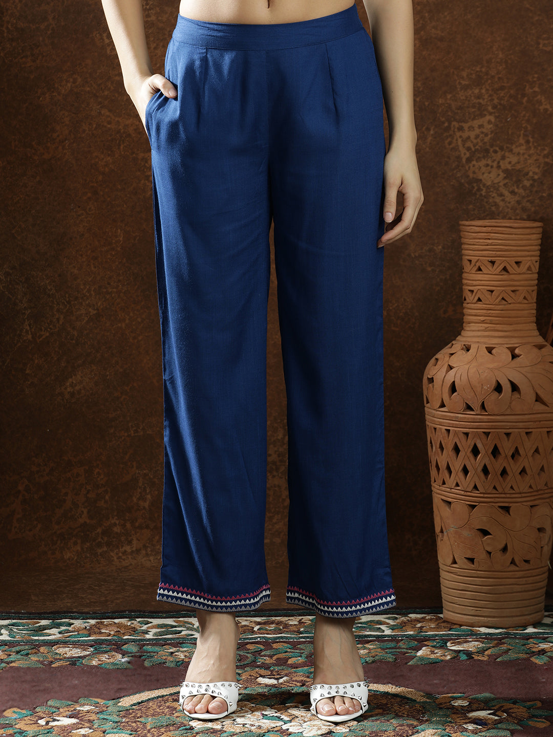 Floral Embroidered Straight Kurta & Trousers Sets