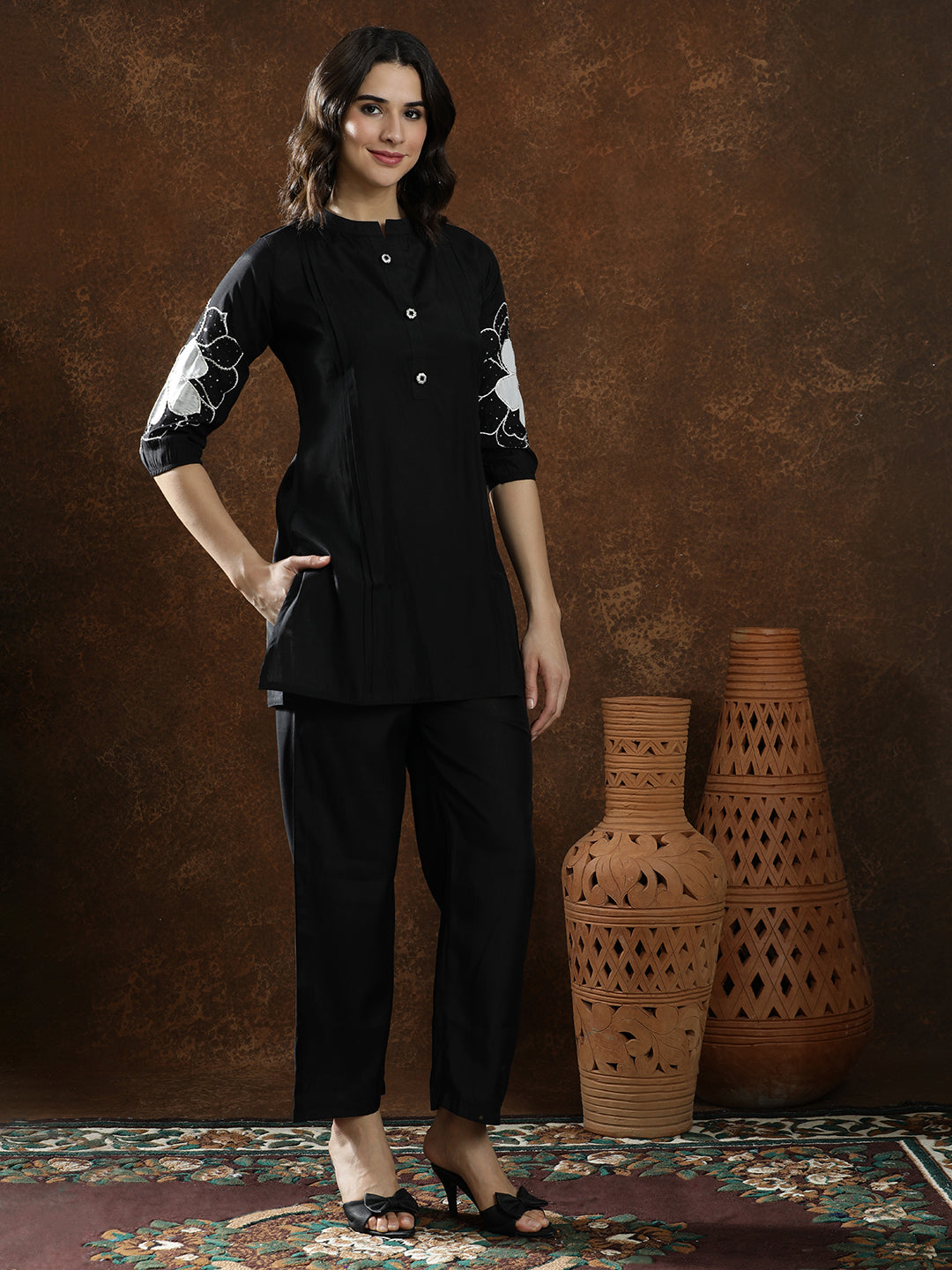 Floral Embroidered Straight Kurta & Trousers Sets