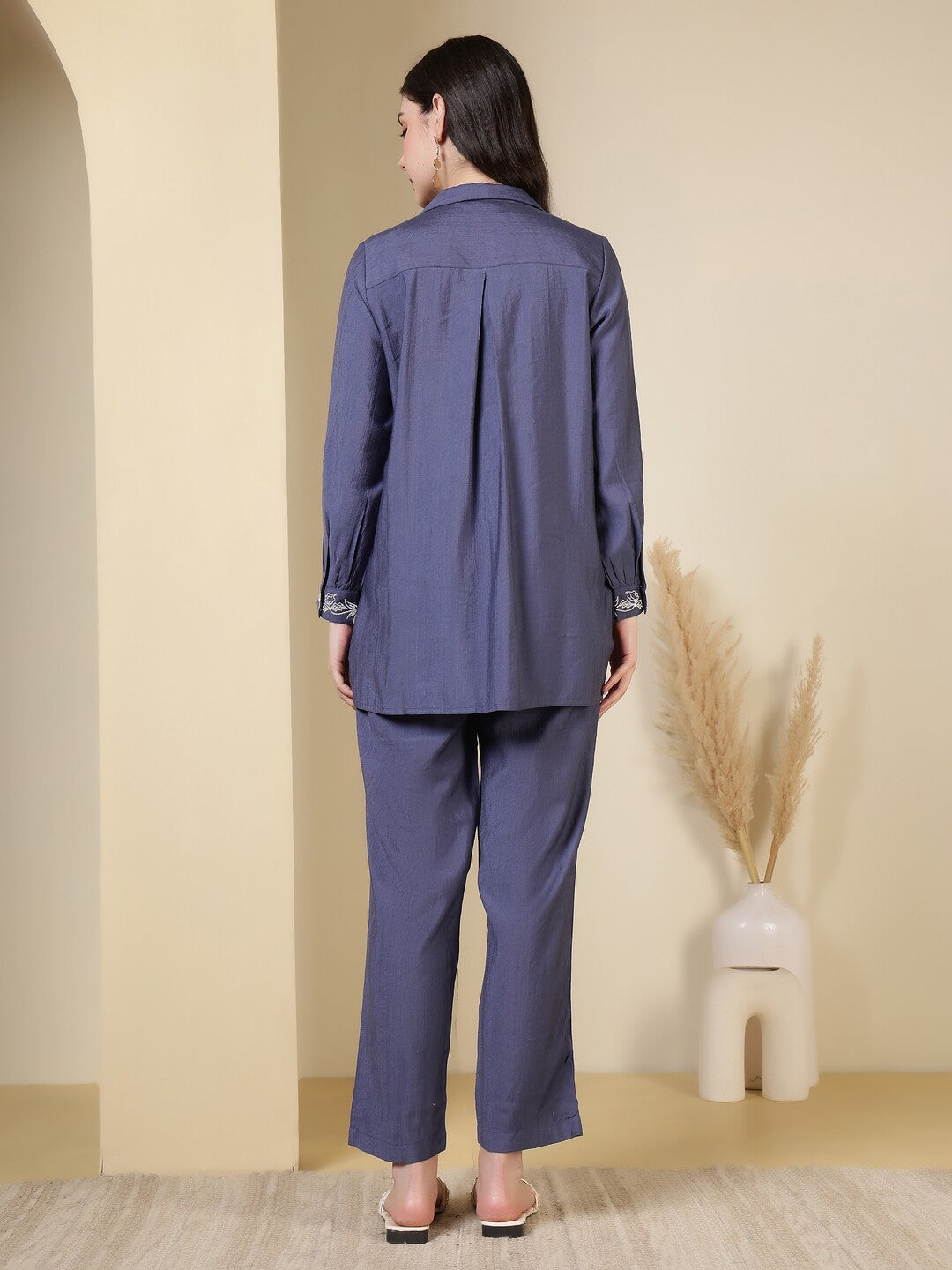 Solid Embroidered Straight Kurta & Trousers Sets