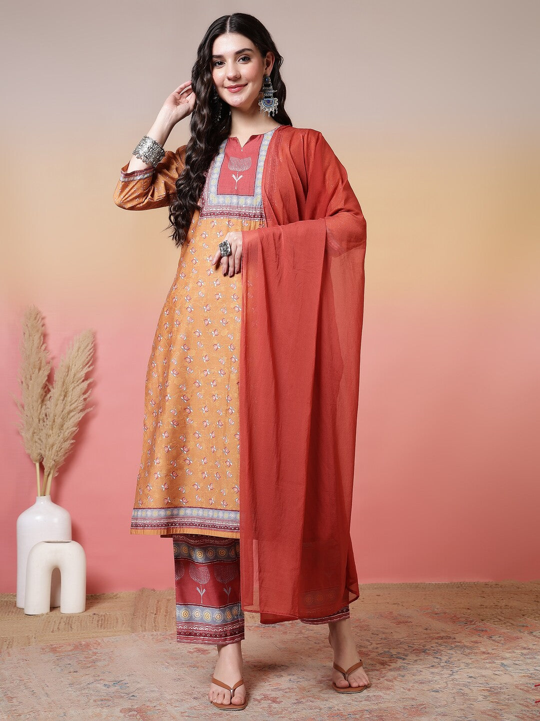 Floral Embroidered Straight Kurta & Trousers Sets