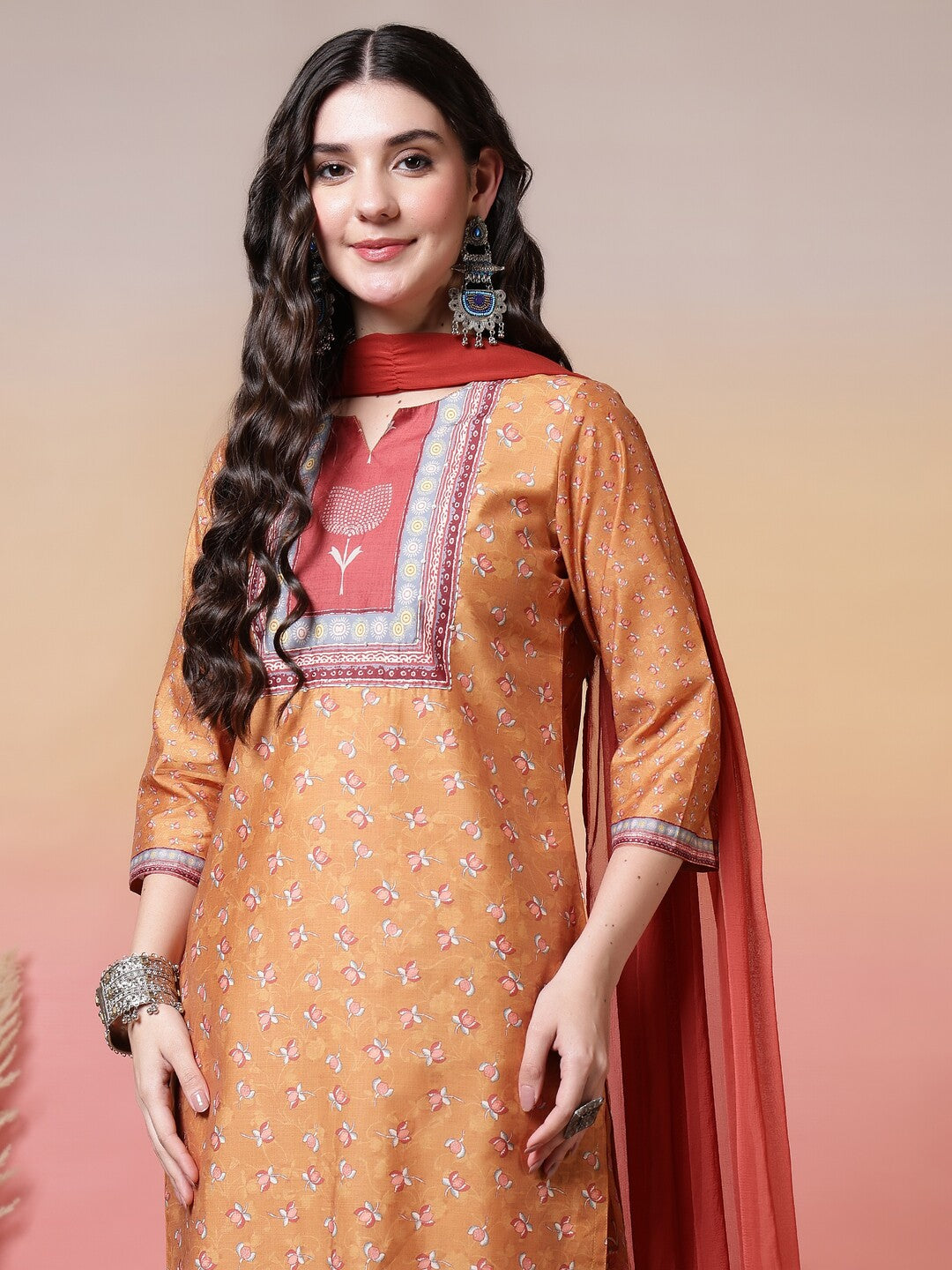 Floral Embroidered Straight Kurta & Trousers Sets