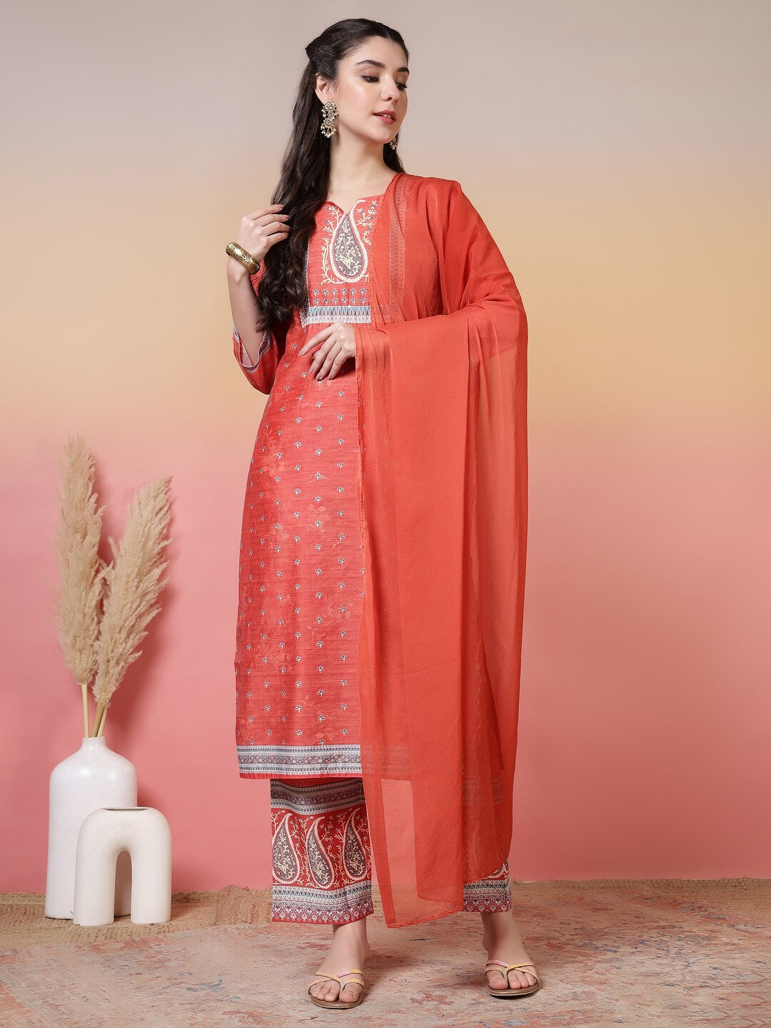 Floral Embroidered Straight Kurta & Trousers Sets
