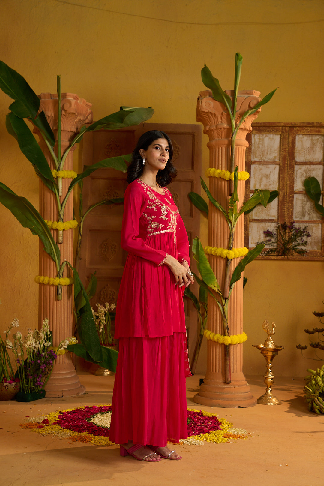 Floral Embroidered A-Line Chanderi Cotton Kurta & Sharara Sets