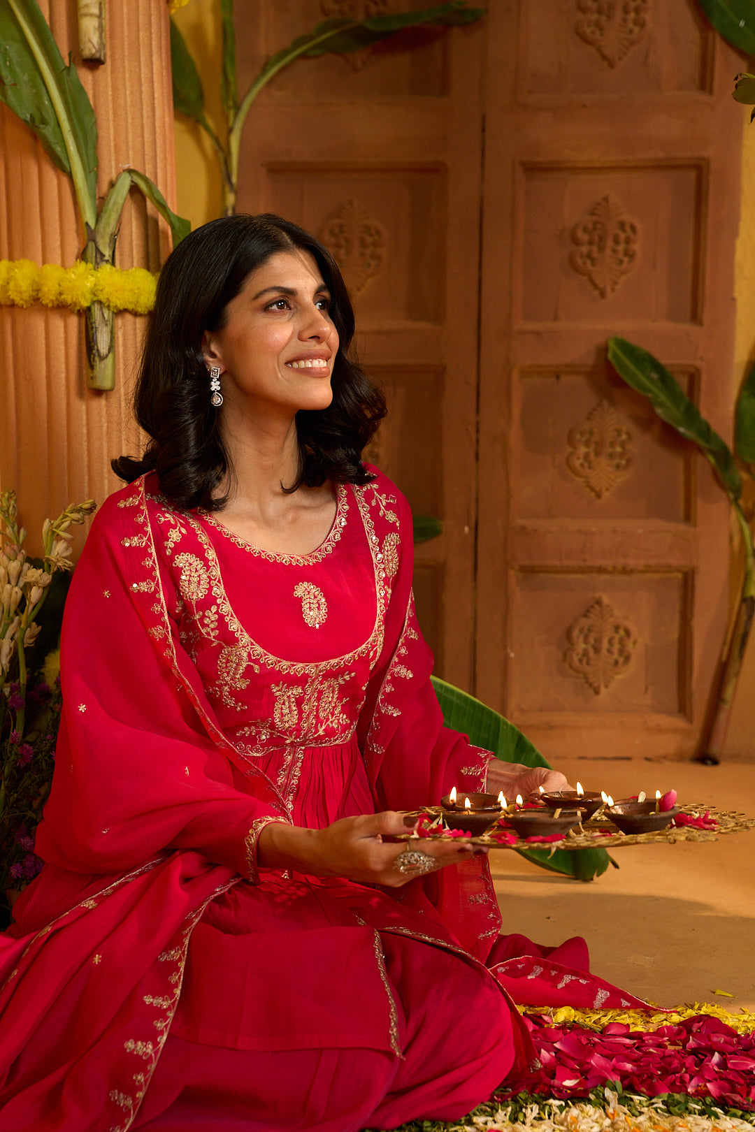 Floral Embroidered A-Line Chanderi Cotton Kurta & Sharara Sets