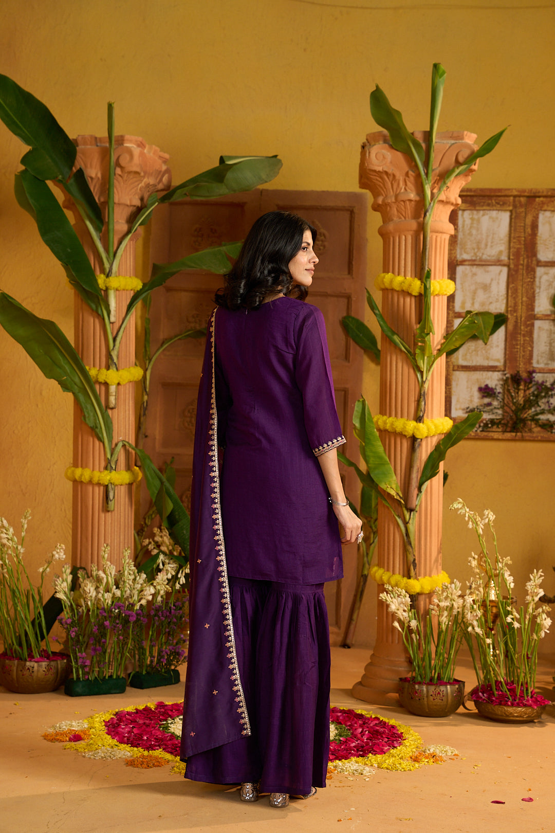 Floral Embroidered A-Line Silk Blend Kurta & Sharara Sets