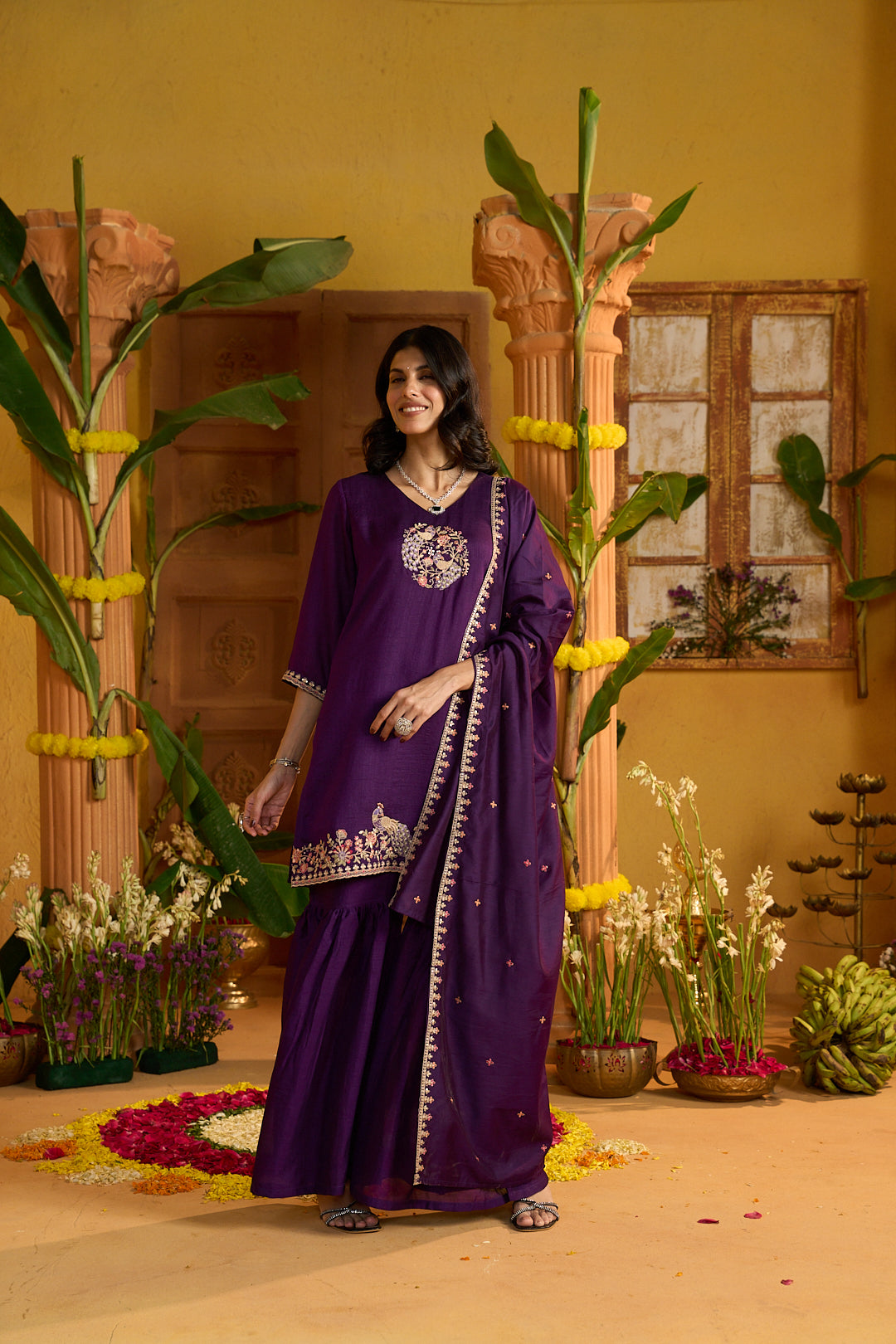 Floral Embroidered A-Line Silk Blend Kurta & Sharara Sets