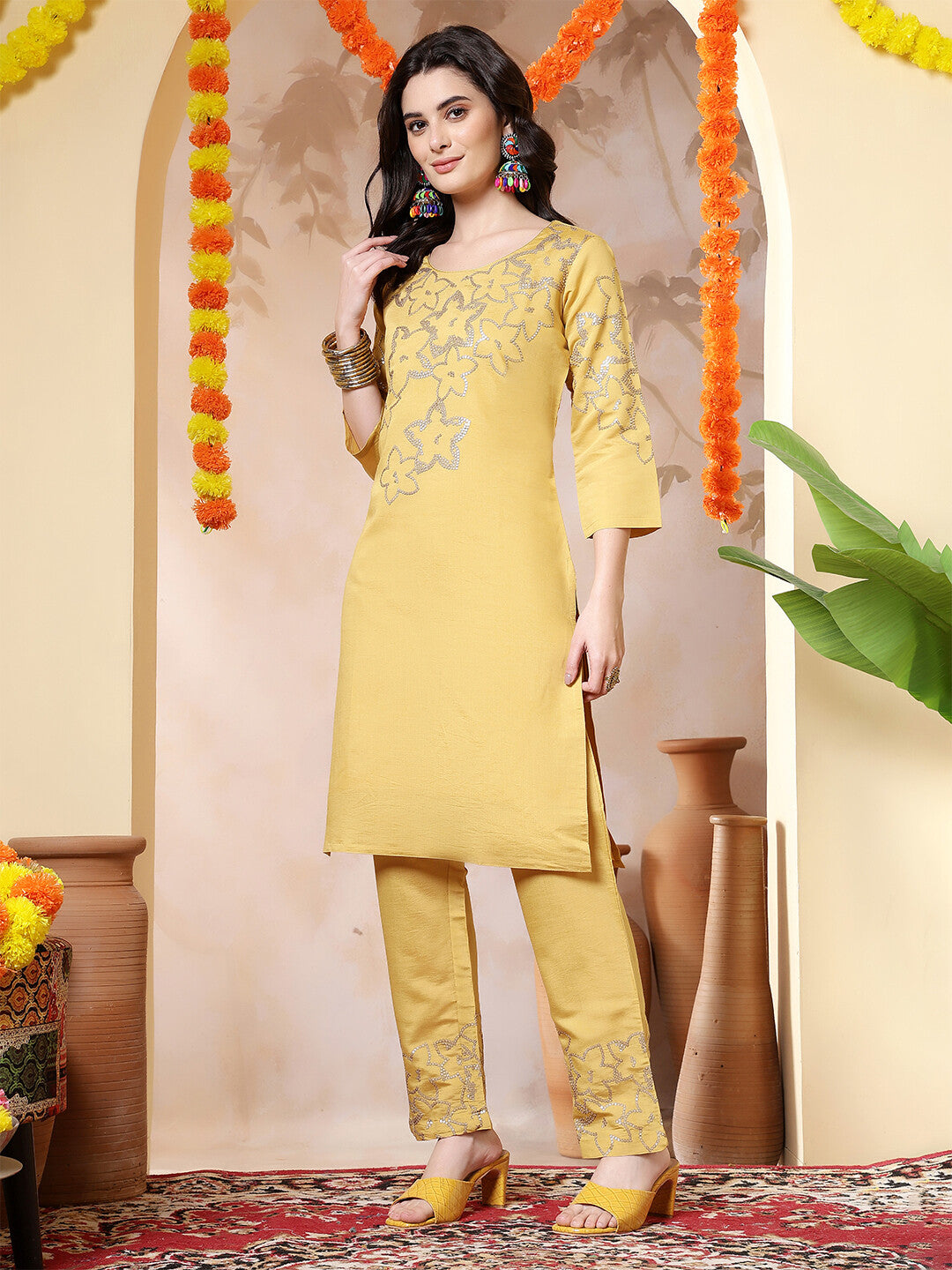 Floral Embroidered Straight Kurta & Trousers Sets