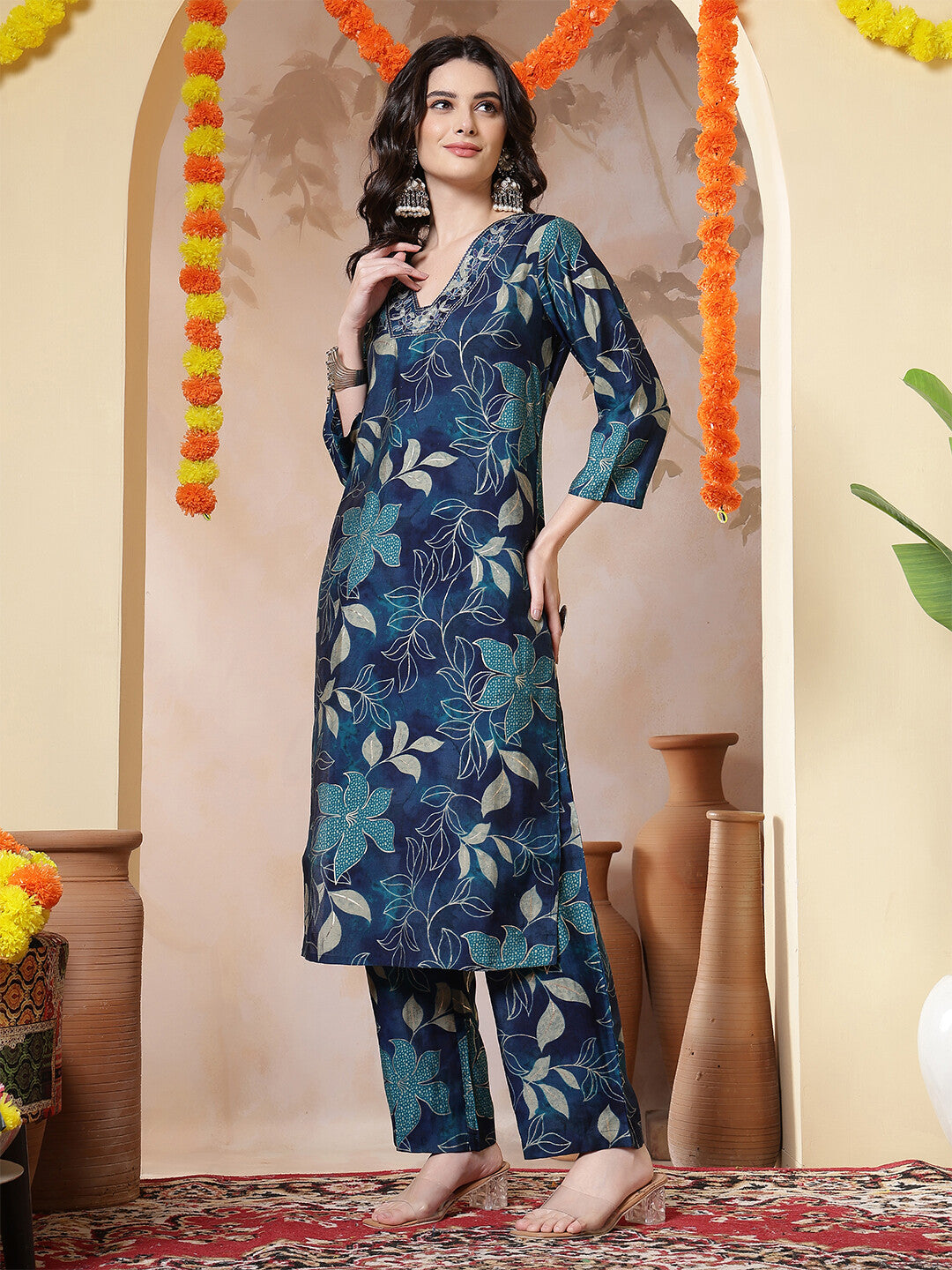Floral Embroidered Straight Kurta & Trousers Sets