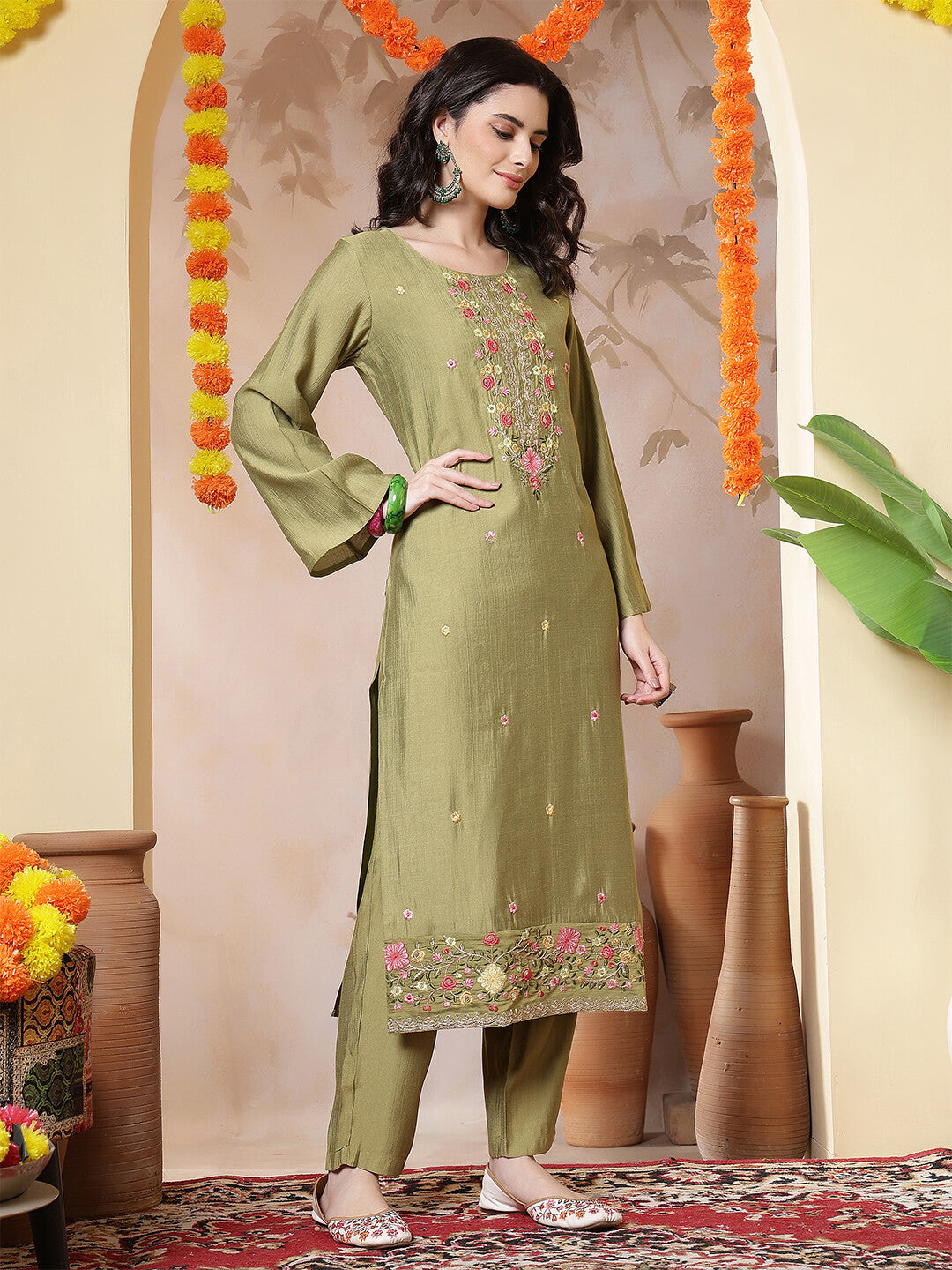 Floral Embroidered Straight Kurta & Trousers Sets
