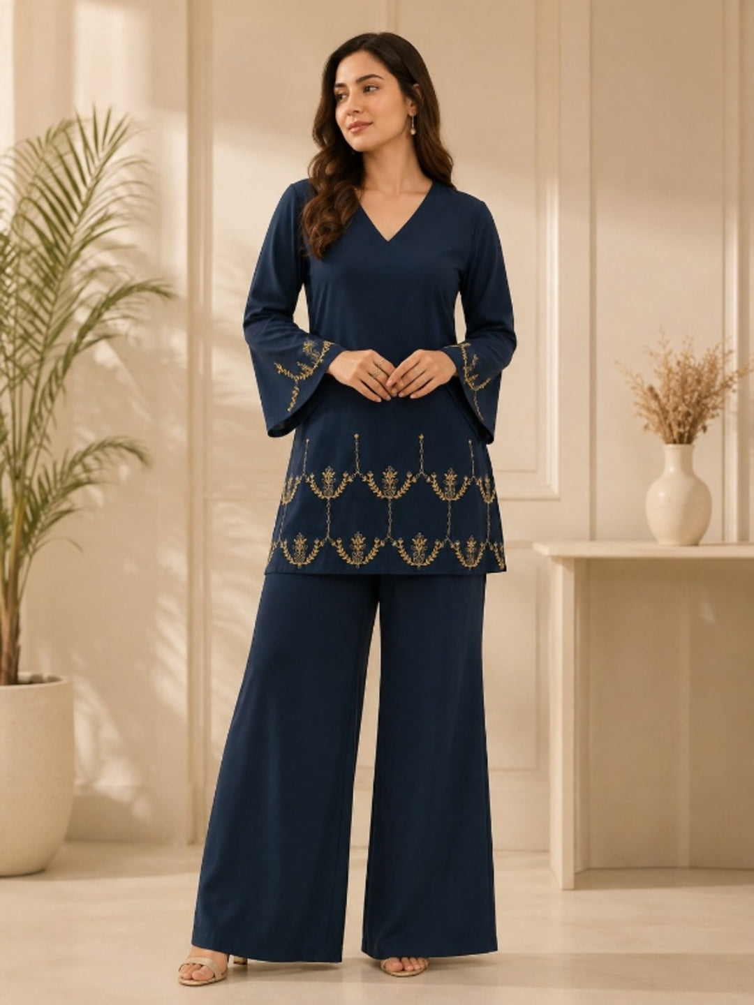 Floral Embroidered Straight Kurta & Palazzos Sets