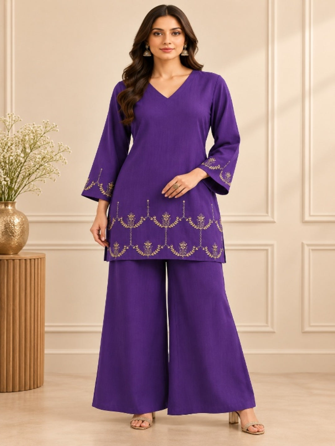 Floral Embroidered Straight Kurta & Palazzos Sets