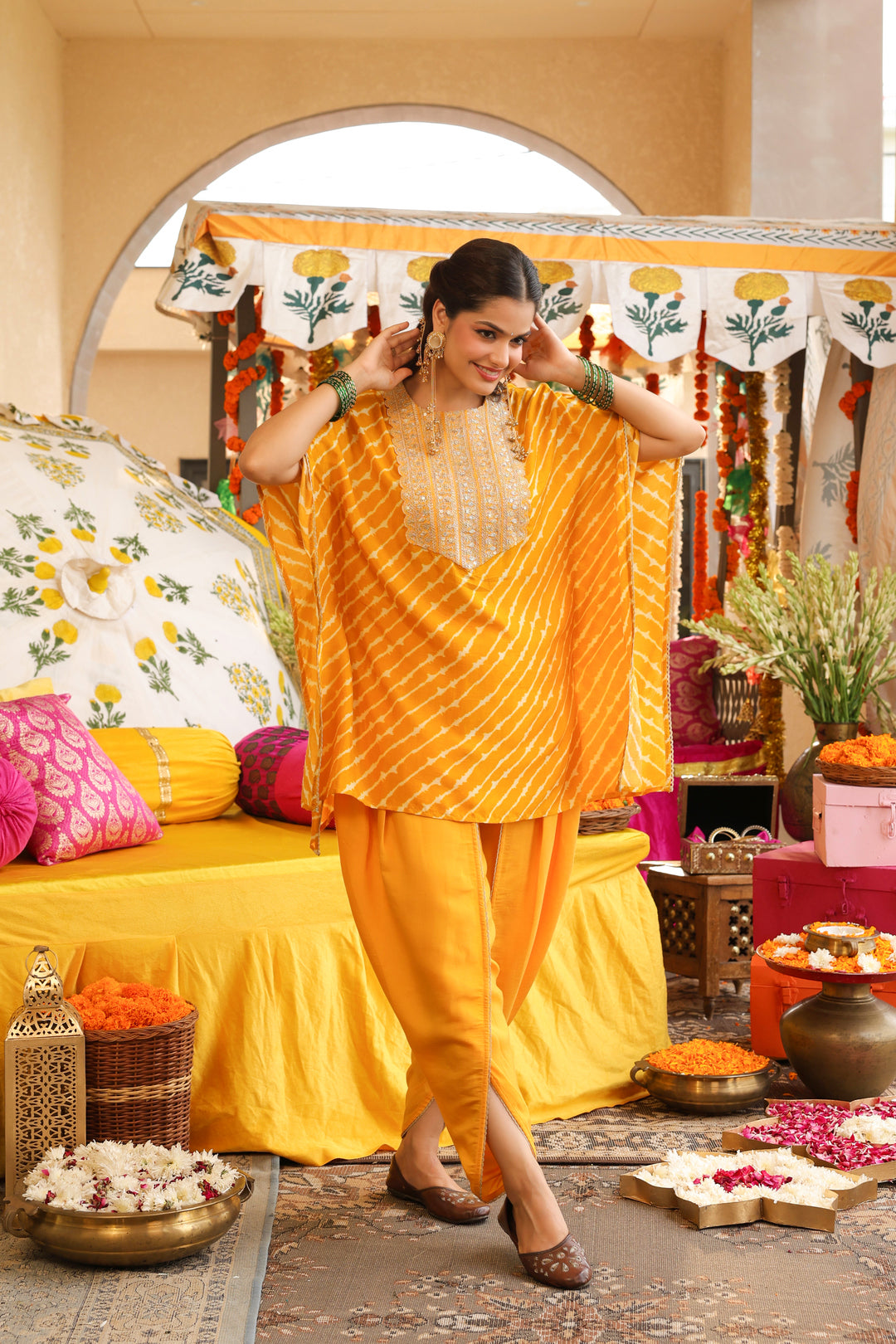 Leheriya Embroidered Kaftan Kurta & Dhoti Pants Sets