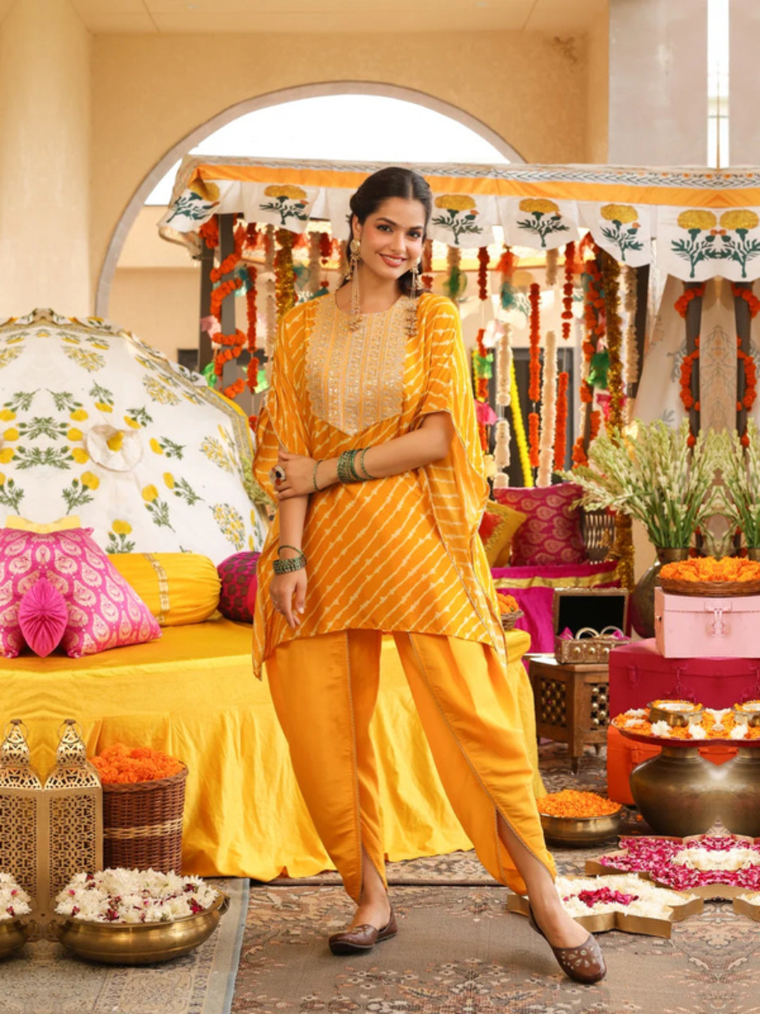 Leheriya Embroidered Kaftan Kurta & Dhoti Pants Sets