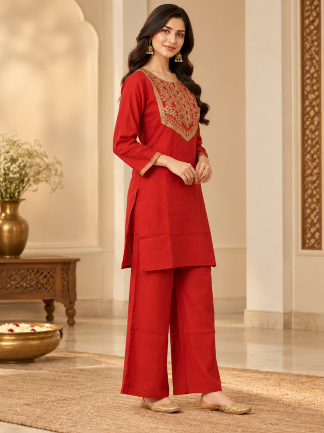 Floral Embroidered Straight Silk Blend Kurta & Trousers Sets