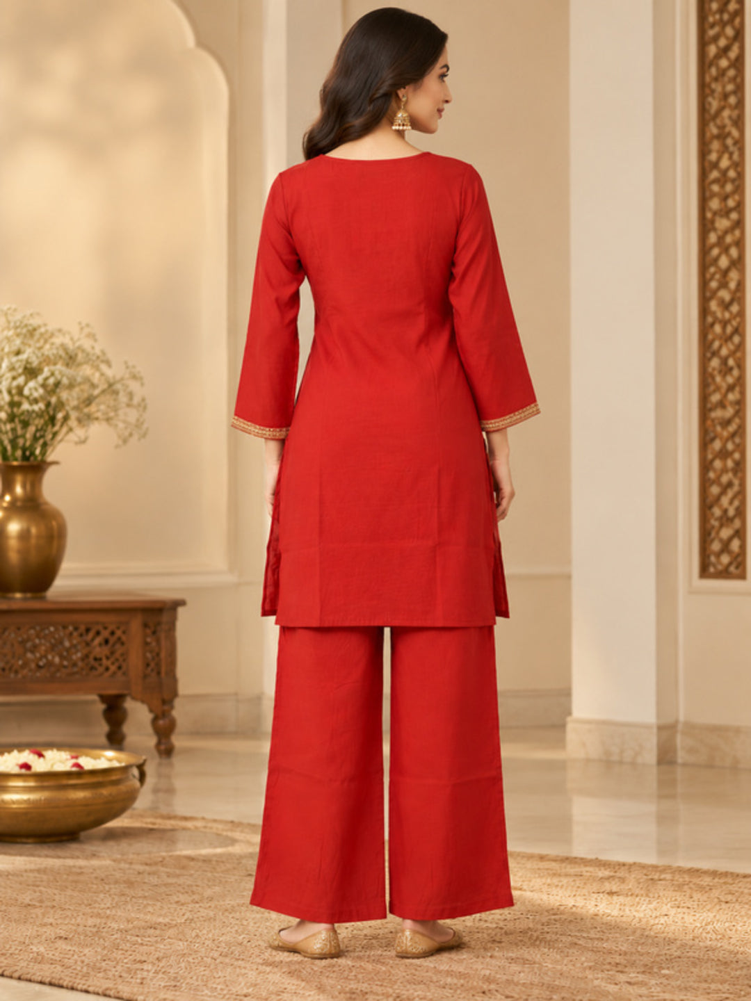 Floral Embroidered Straight Silk Blend Kurta & Trousers Sets