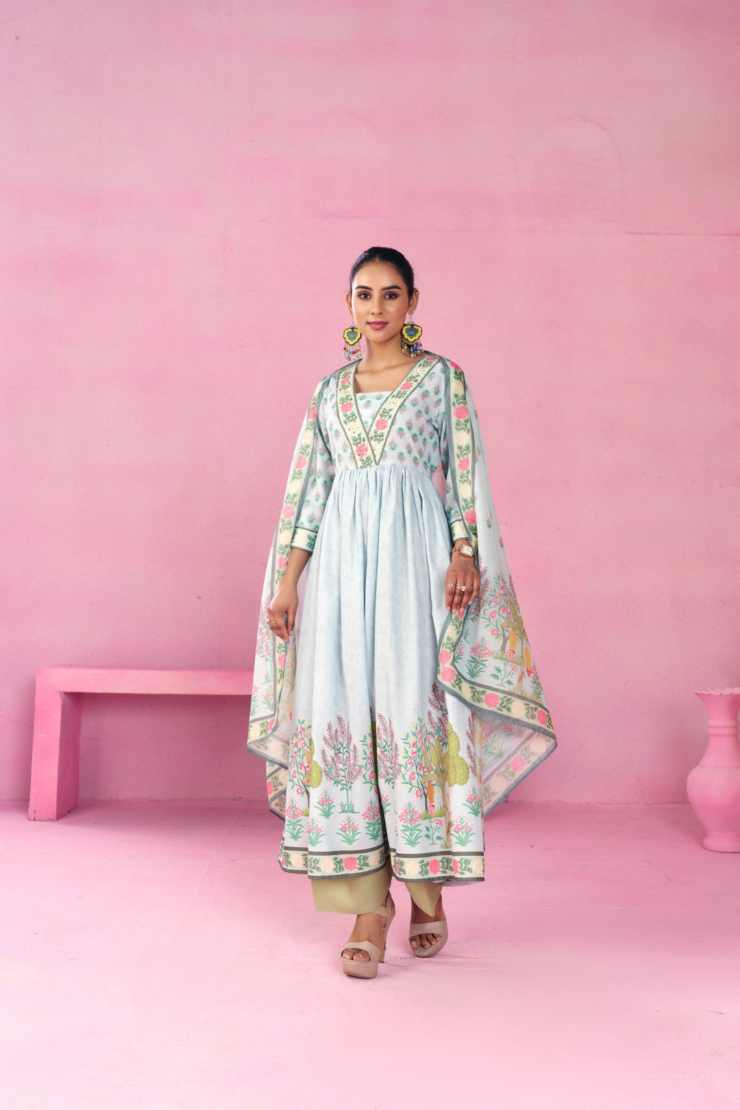 Floral Embroidered A-Line Kurta & Dupatta Sets
