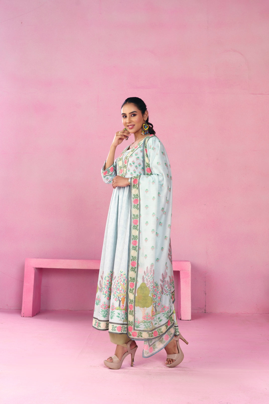 Floral Embroidered A-Line Kurta & Dupatta Sets