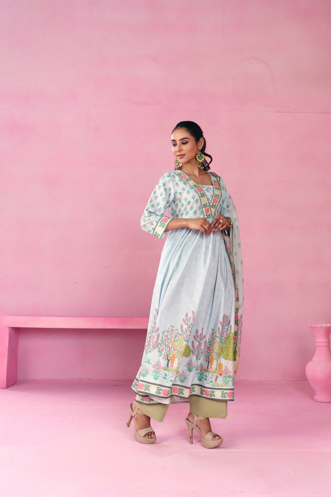 Floral Embroidered A-Line Kurta & Dupatta Sets