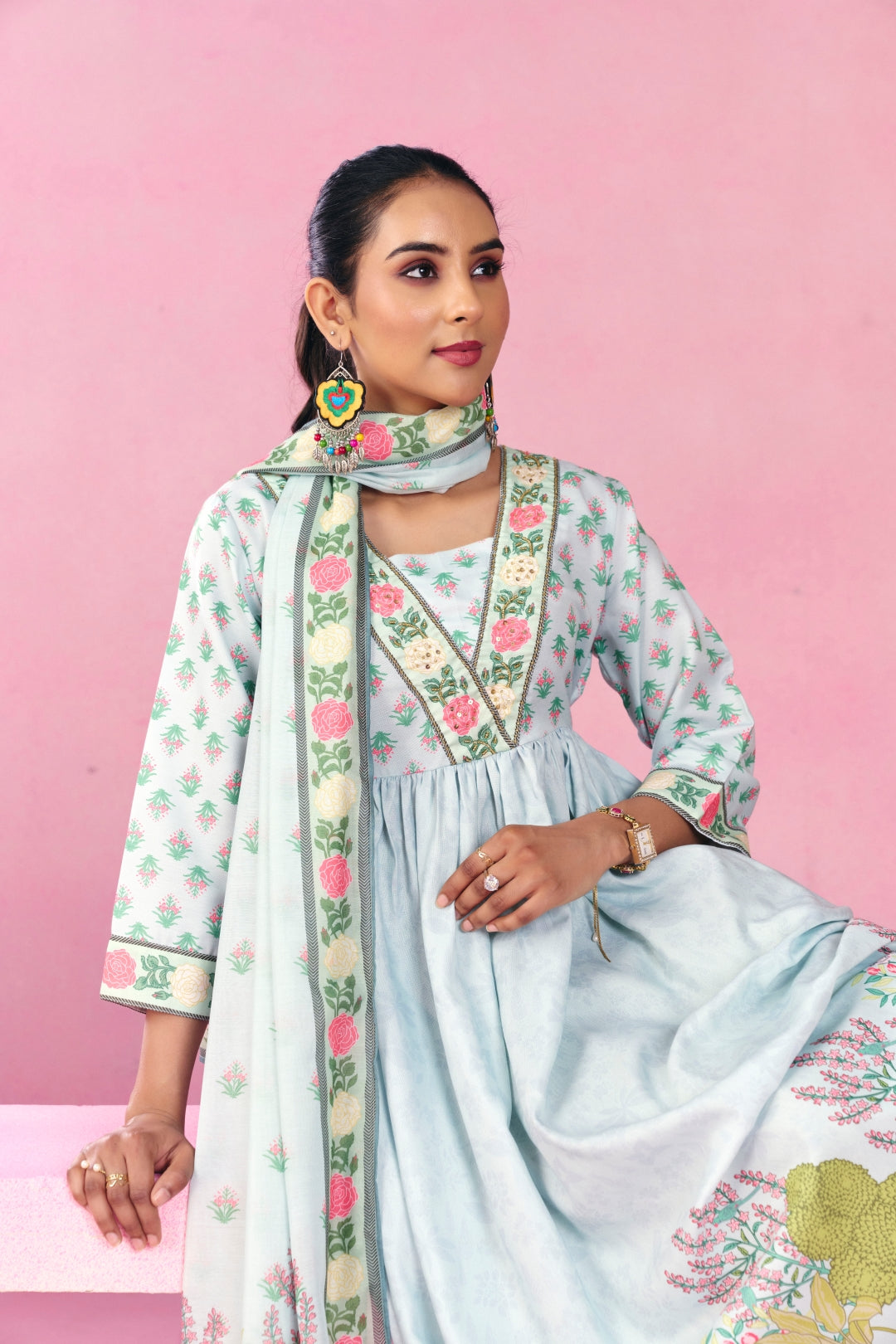 Floral Embroidered A-Line Kurta & Dupatta Sets