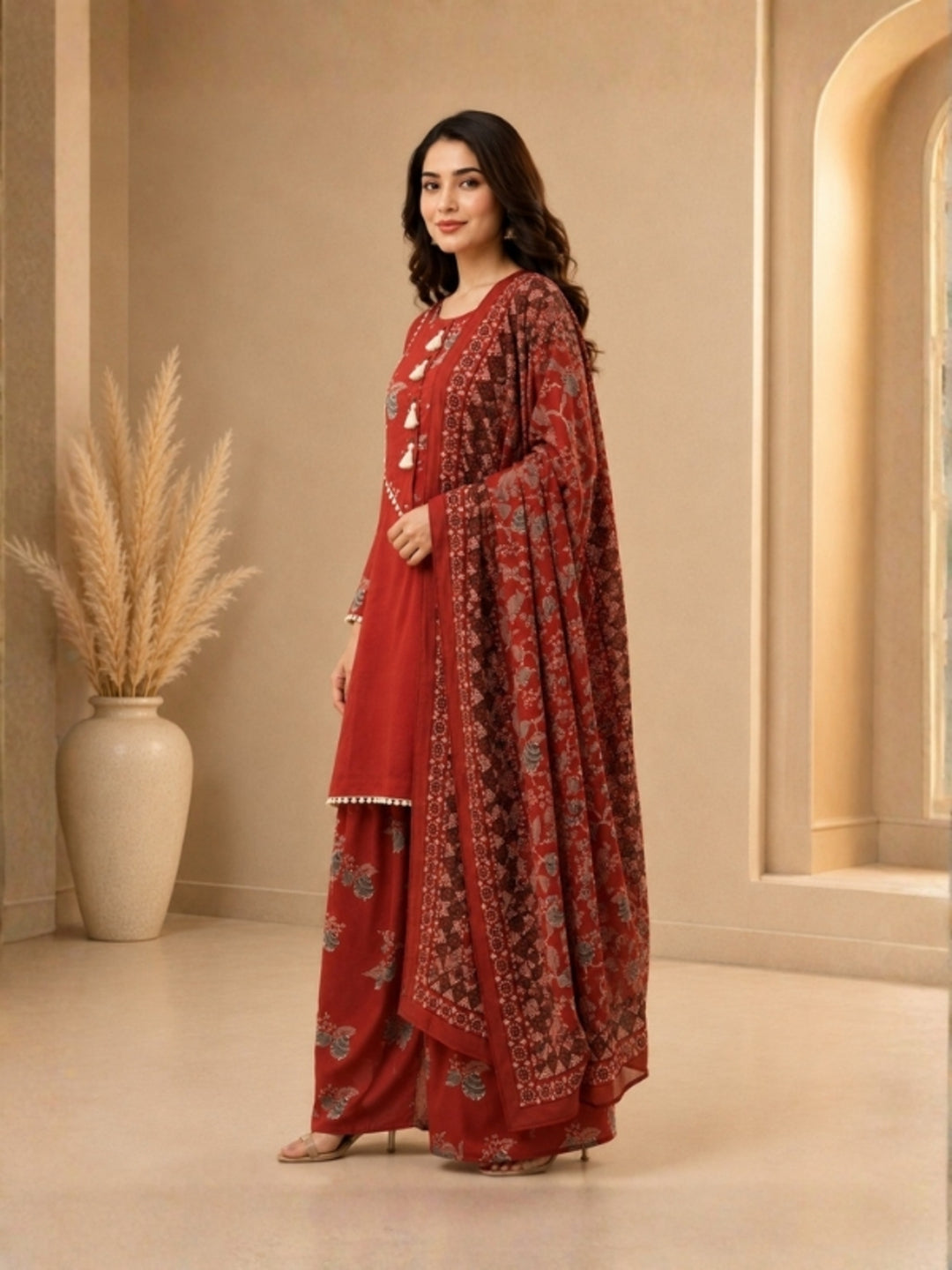 Floral Embroidered Straight Pure Cotton Kurta & Farshi Salwar Sets