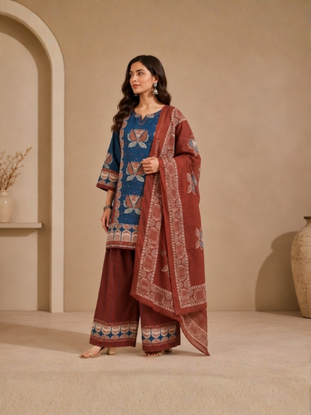 Floral Embroidered Straight Pure Cotton Kurta & Farshi Palazzos Sets