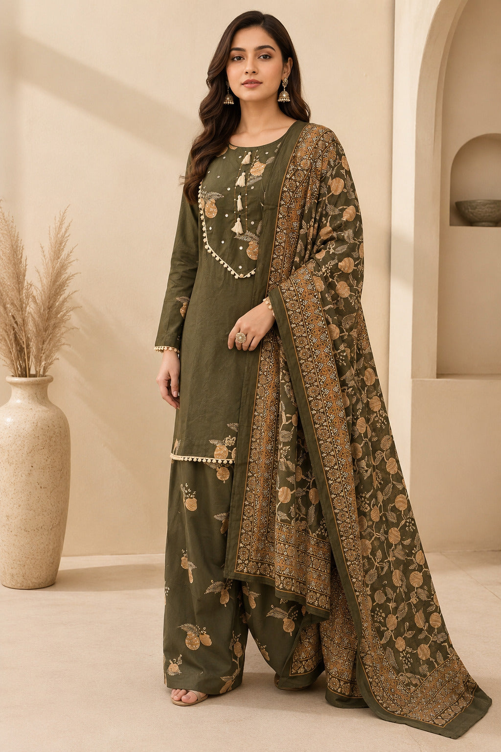 Floral Embroidered A-Line Pure Cotton Kurta & Farshi Salwar Sets