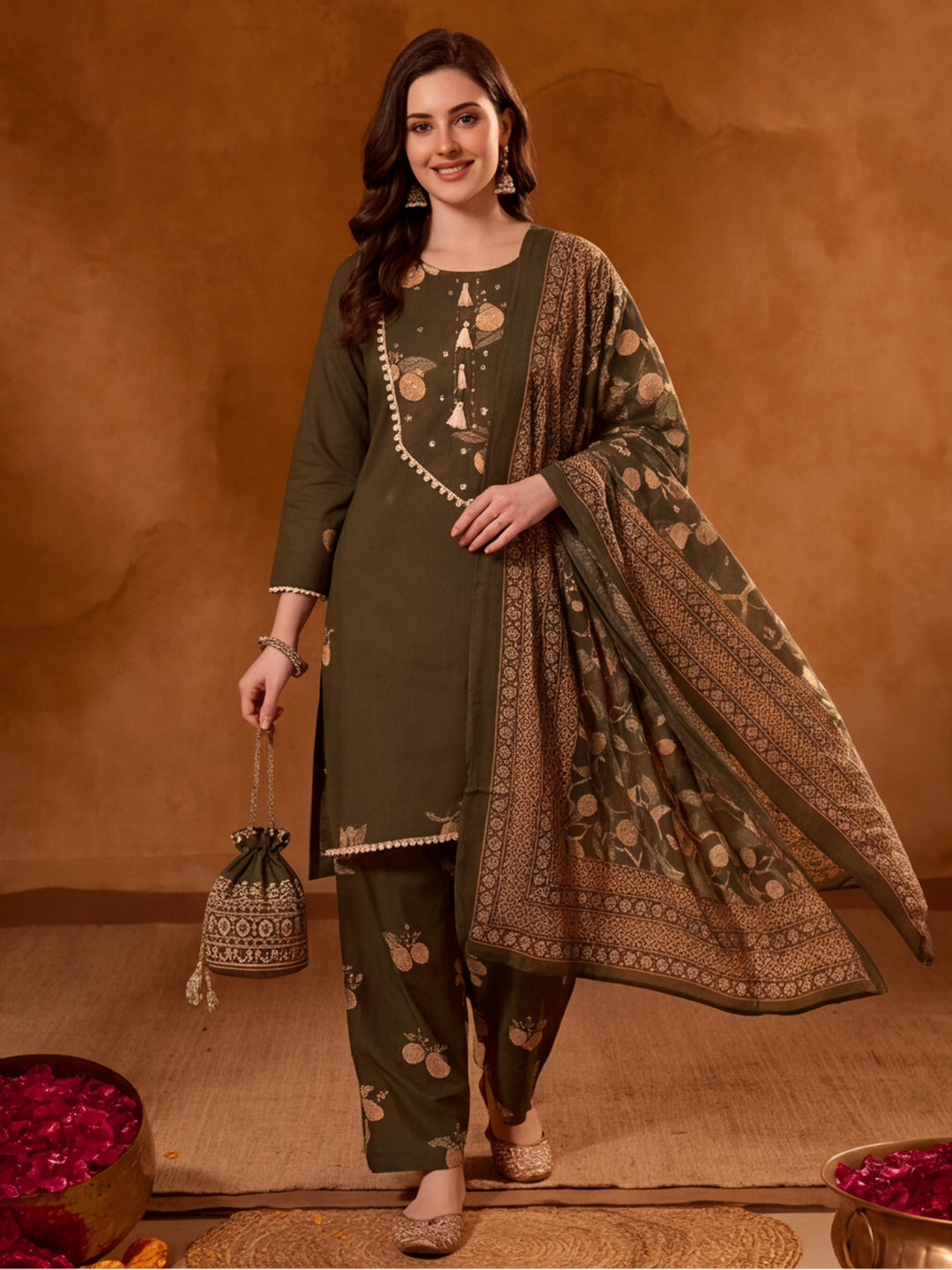 Floral Embroidered A-Line Pure Cotton Kurta & Farshi Salwar Sets