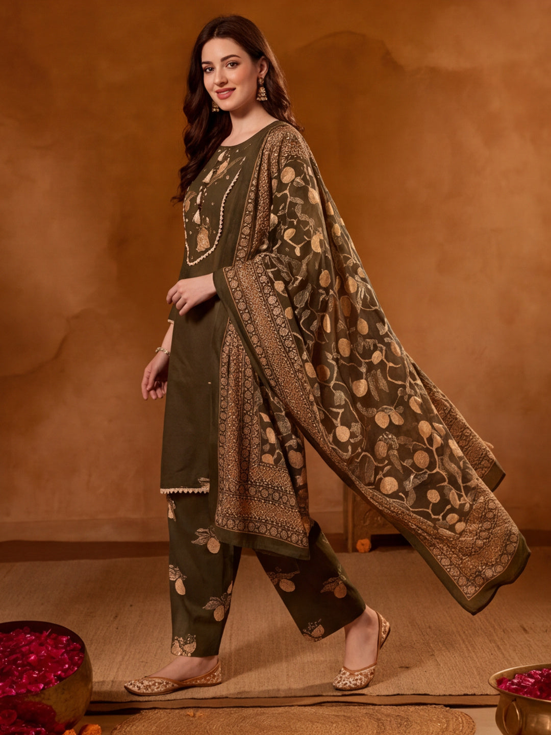 Floral Embroidered A-Line Pure Cotton Kurta & Farshi Salwar Sets