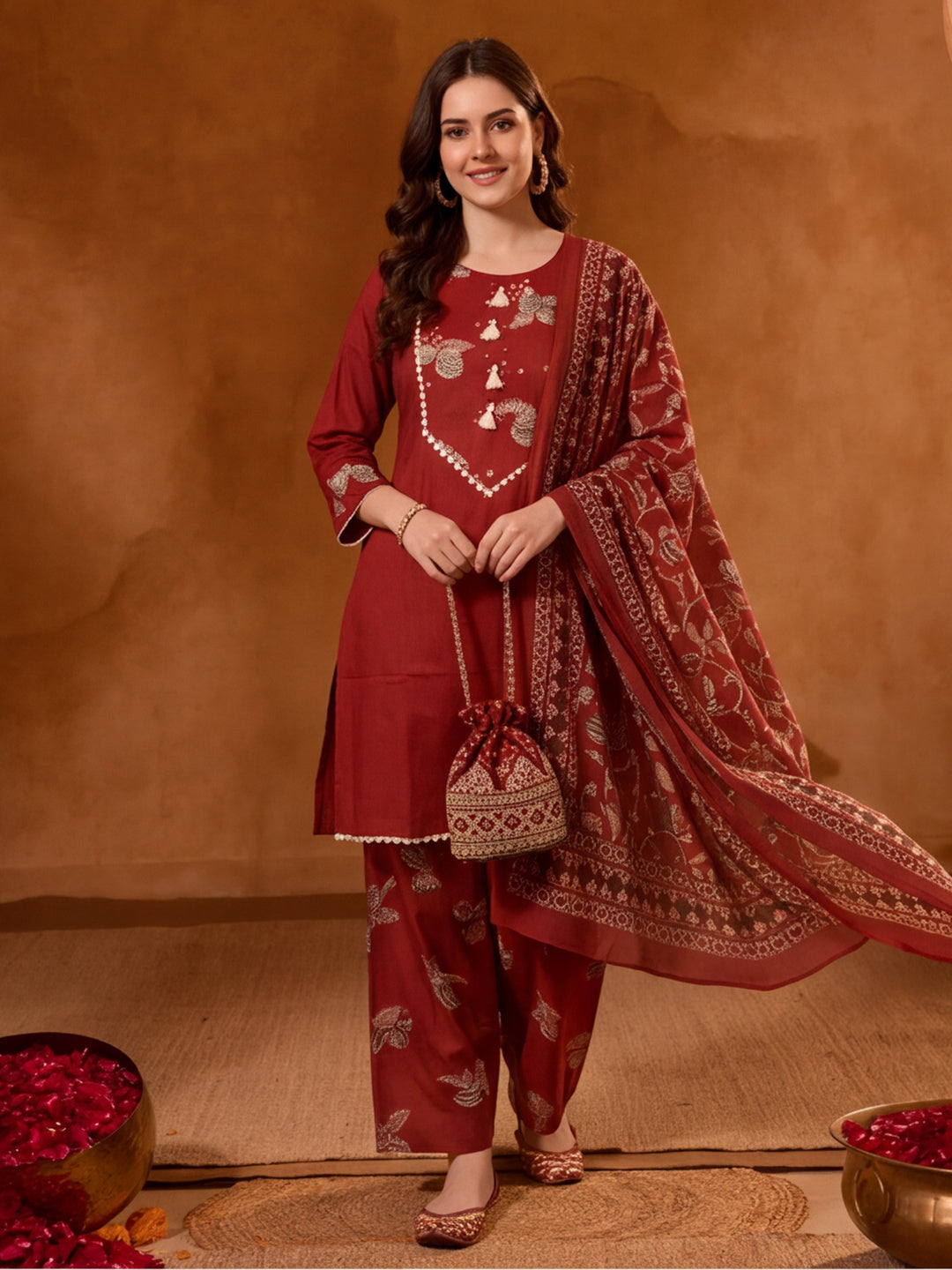 Floral Embroidered A-Line Pure Cotton Kurta & Farshi Salwar Sets