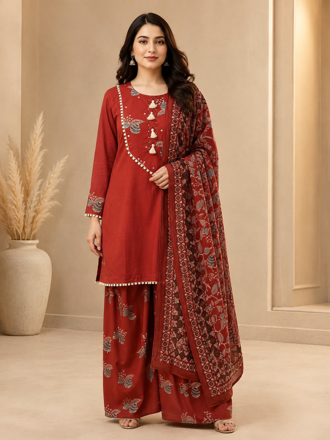 Floral Embroidered A-Line Pure Cotton Kurta & Farshi Salwar Sets