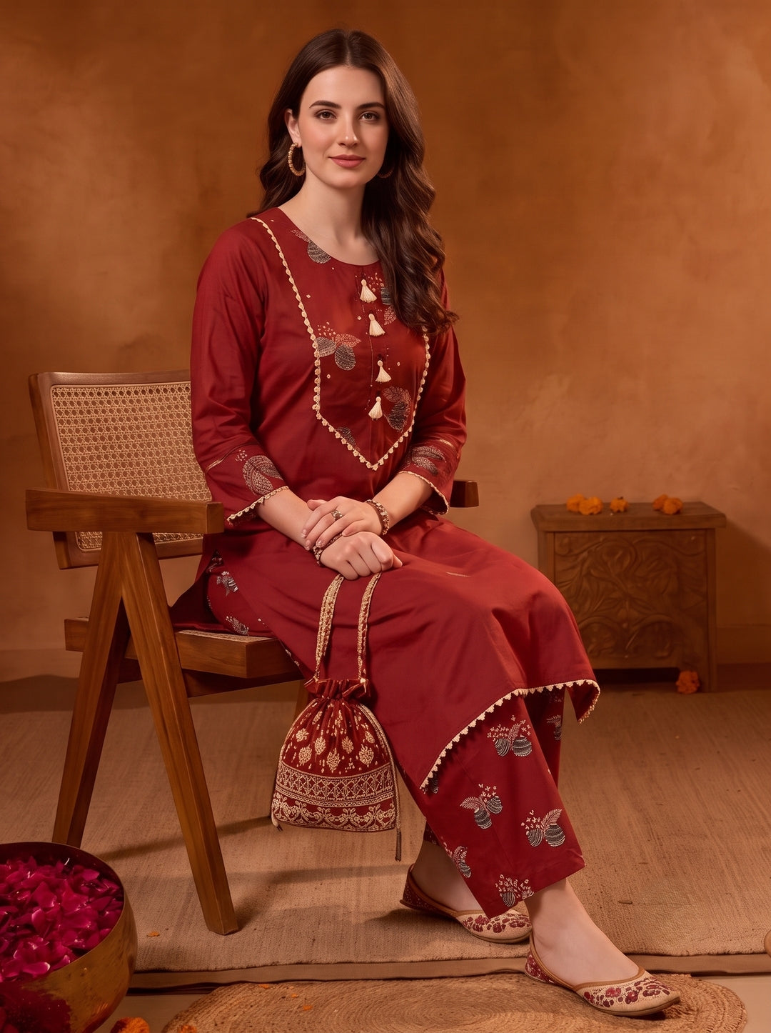 Floral Embroidered A-Line Pure Cotton Kurta & Farshi Salwar Sets