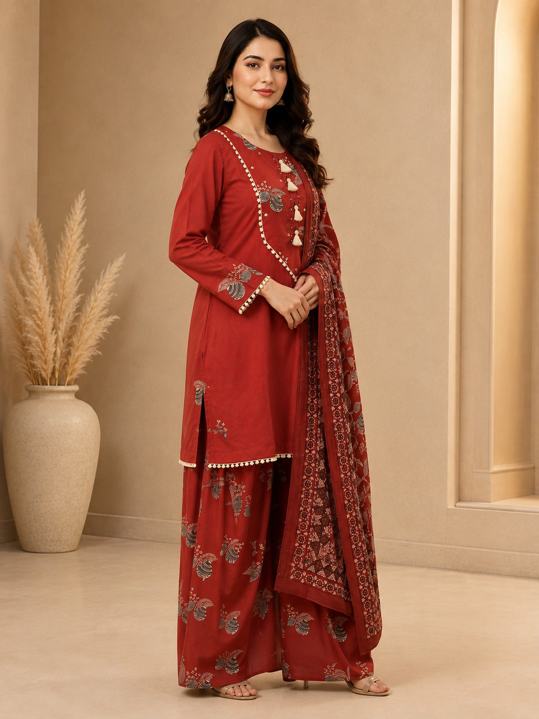Floral Embroidered A-Line Pure Cotton Kurta & Farshi Salwar Sets