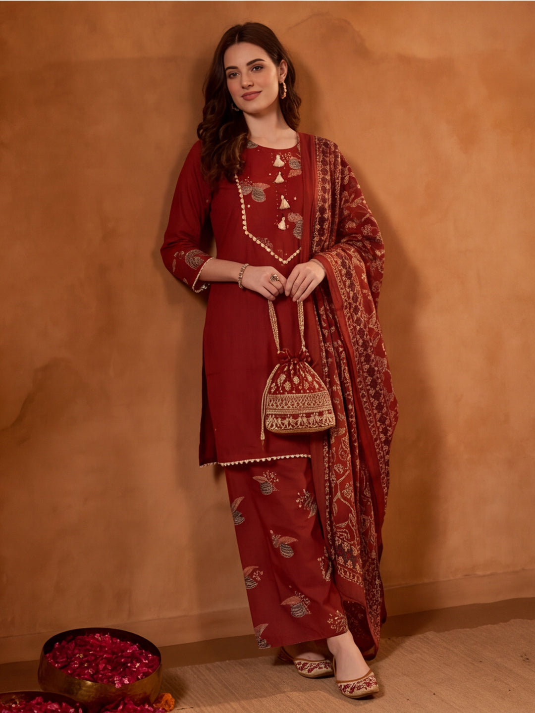 Floral Embroidered A-Line Pure Cotton Kurta & Farshi Salwar Sets