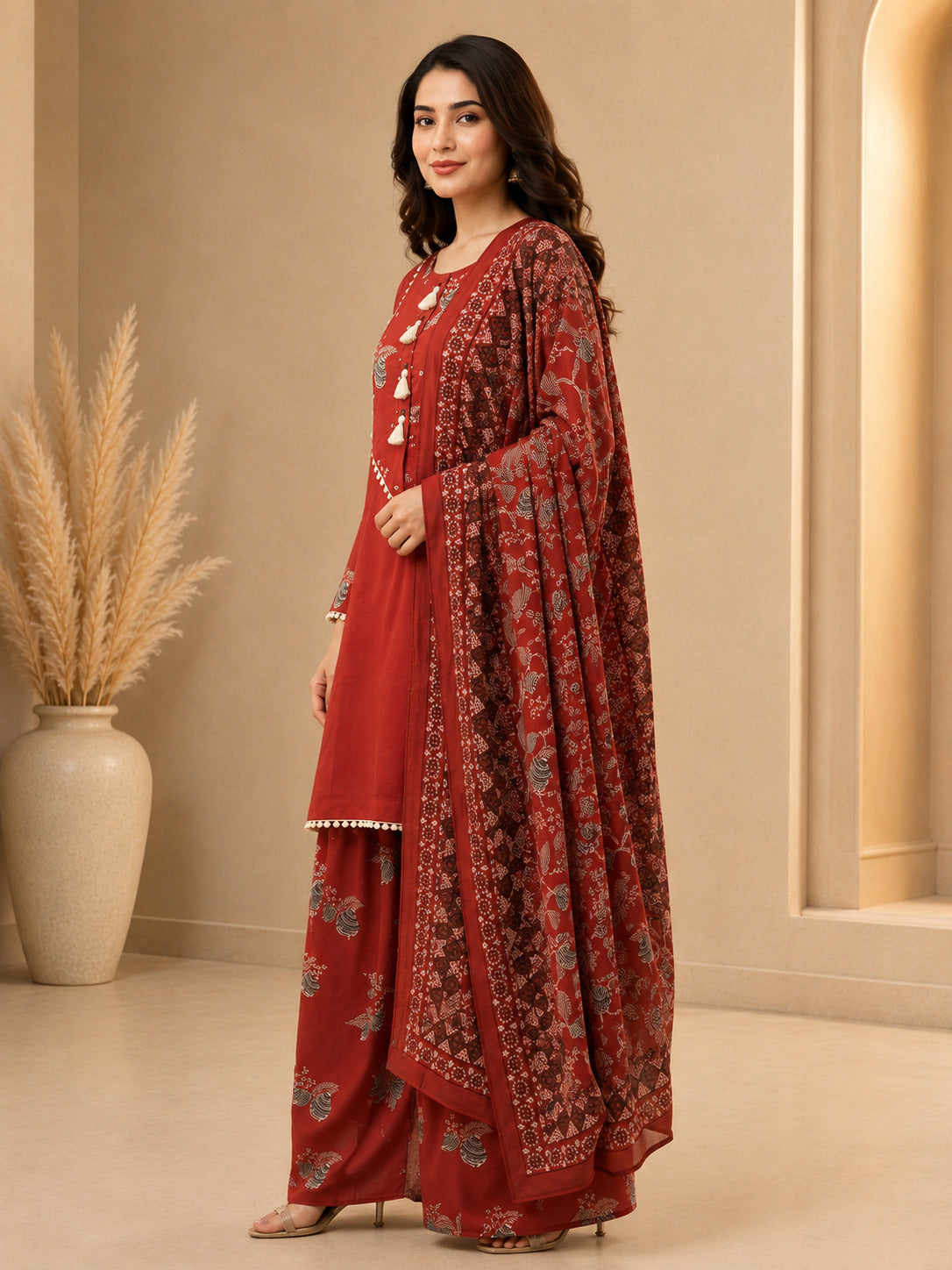 Floral Embroidered A-Line Pure Cotton Kurta & Farshi Salwar Sets