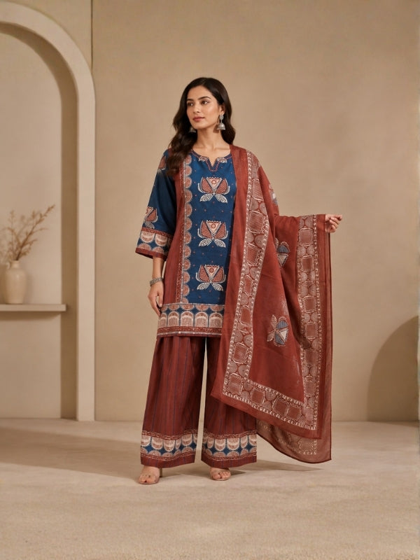 Floral Embroidered Straight Pure Cotton Kurta & Farshi Salwar Sets