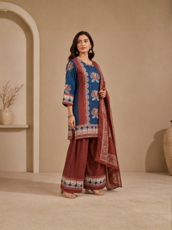 Floral Embroidered Straight Pure Cotton Kurta & Farshi Salwar Sets