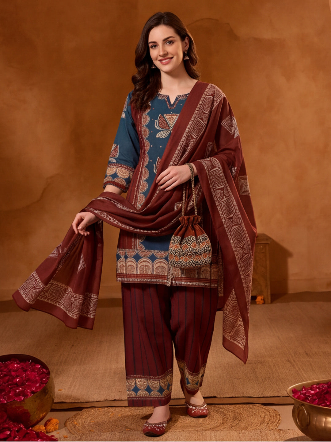 Floral Embroidered Straight Pure Cotton Kurta & Farshi Salwar Sets