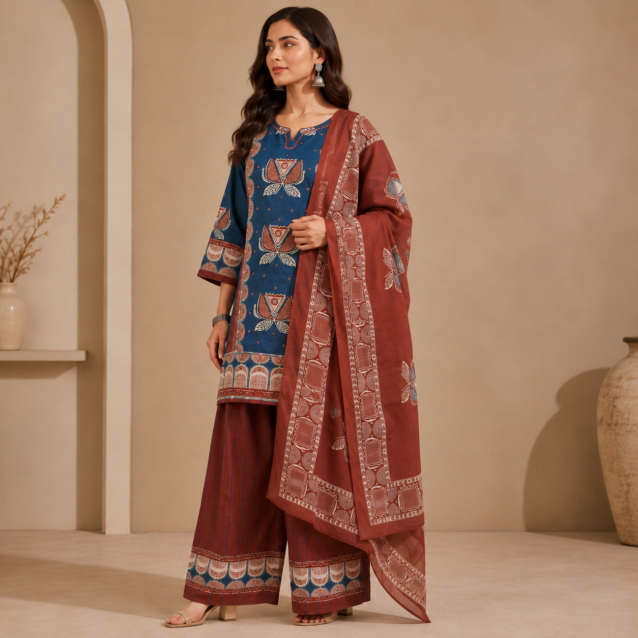Floral Embroidered Straight Pure Cotton Kurta & Farshi Salwar Sets
