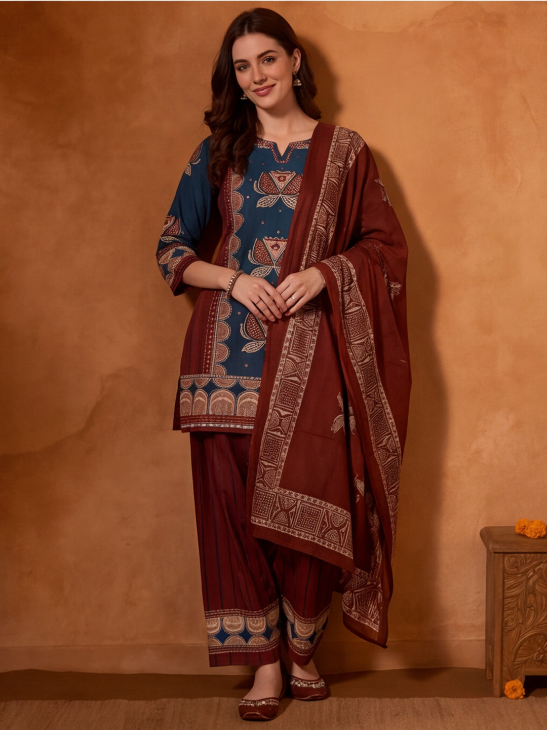 Floral Embroidered Straight Pure Cotton Kurta & Farshi Salwar Sets