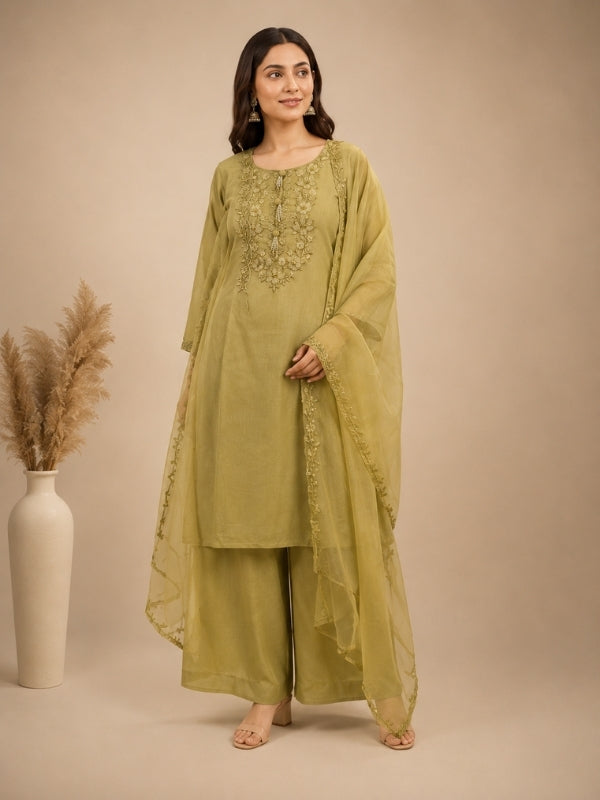 Solid Embroidered Straight Linen Kurta & Palazzos Sets