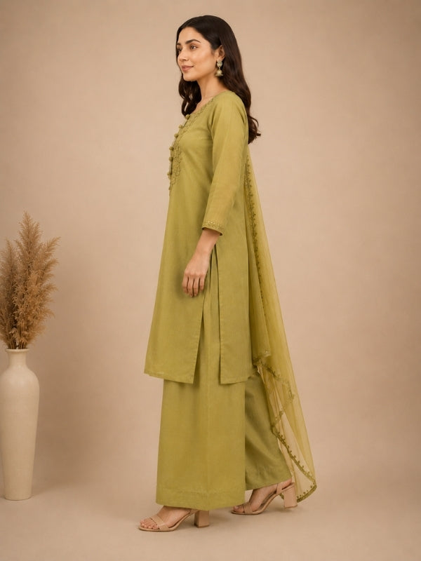 Solid Embroidered Straight Linen Kurta & Palazzos Sets