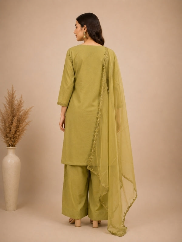 Solid Embroidered Straight Linen Kurta & Palazzos Sets