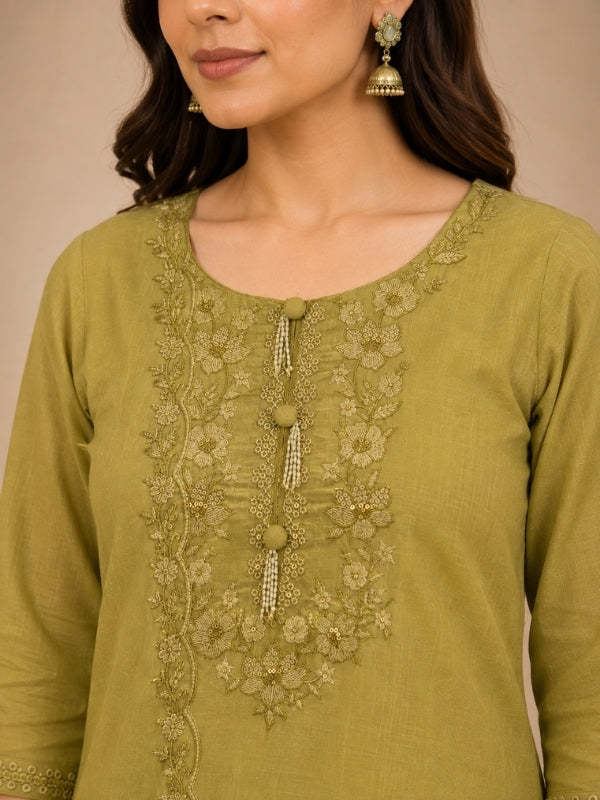 Solid Embroidered Straight Linen Kurta & Palazzos Sets