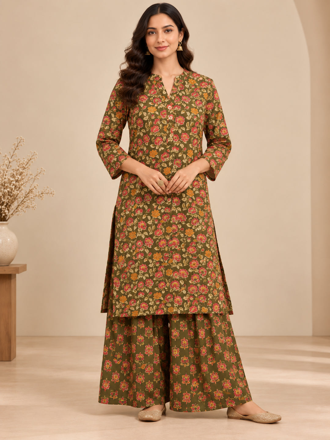Floral Printed Straight Cotton Kurta & Farshi Salwar Sets