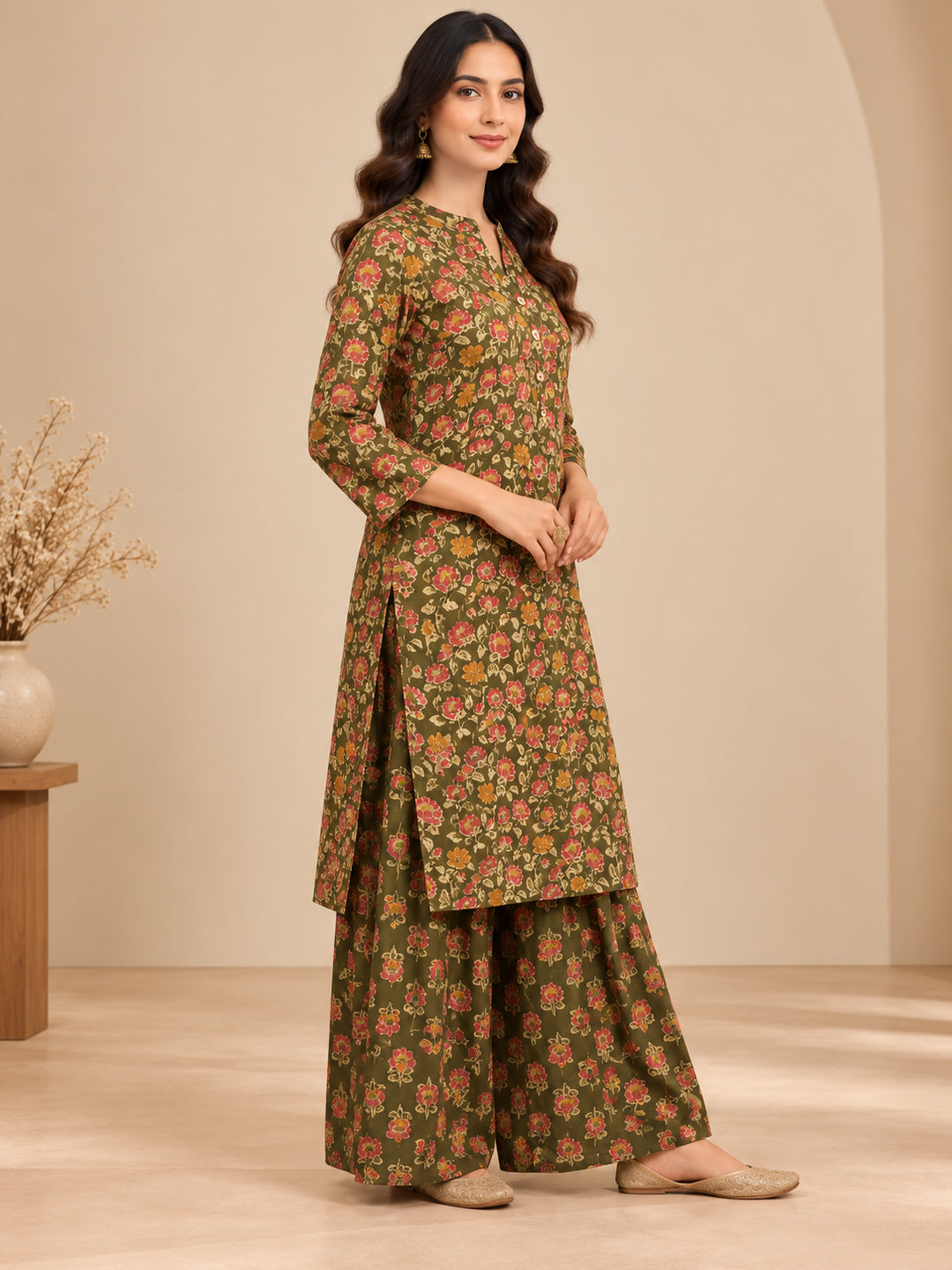 Floral Printed Straight Cotton Kurta & Farshi Salwar Sets