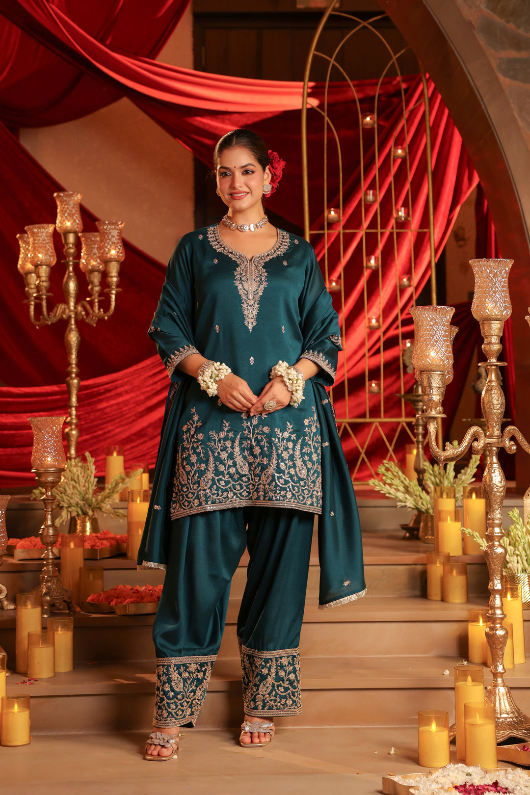 Floral Embroidered Straight Polki Silk Kurta & Farshi Salwar Sets