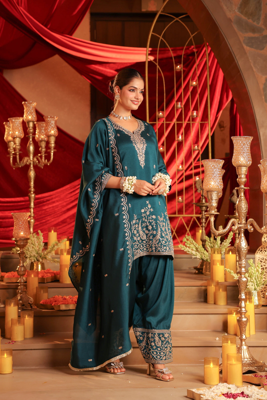 Floral Embroidered Straight Polki Silk Kurta & Farshi Salwar Sets