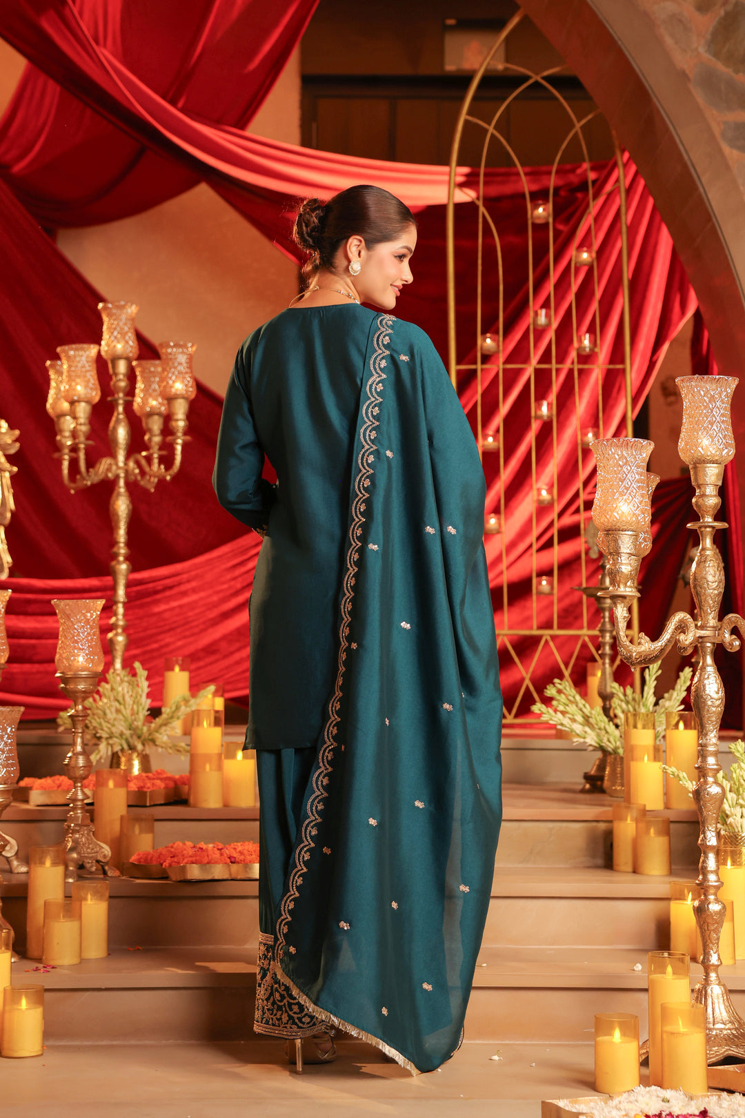 Floral Embroidered Straight Polki Silk Kurta & Farshi Salwar Sets