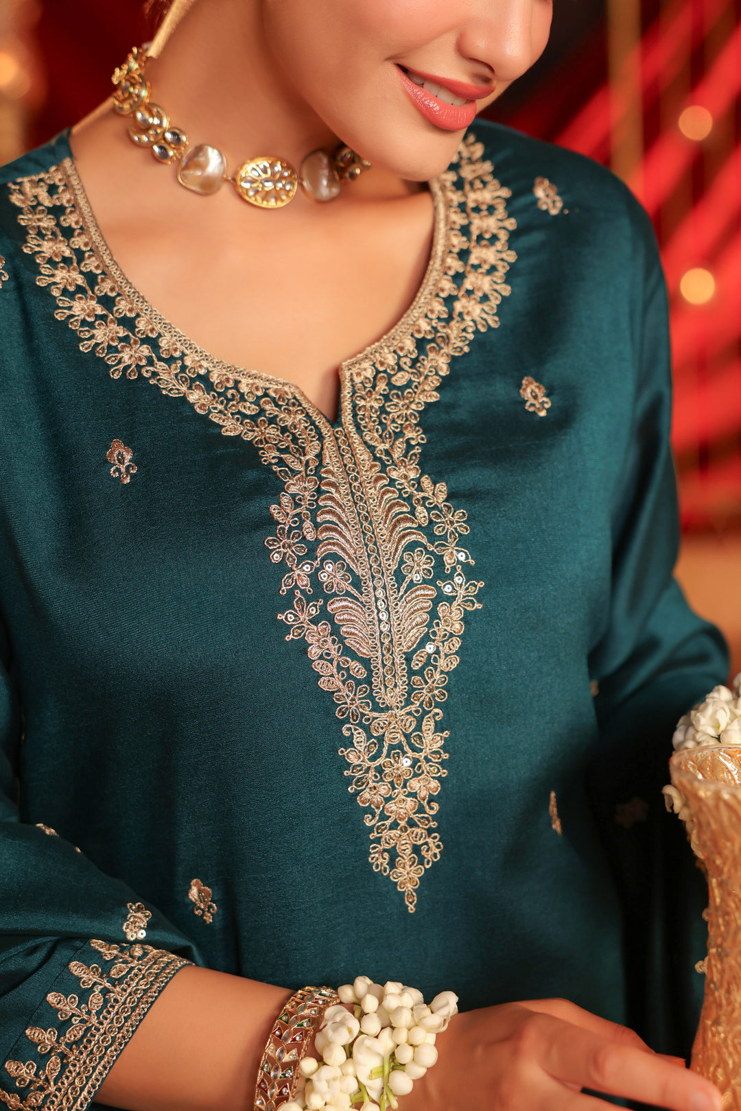 Floral Embroidered Straight Polki Silk Kurta & Farshi Salwar Sets